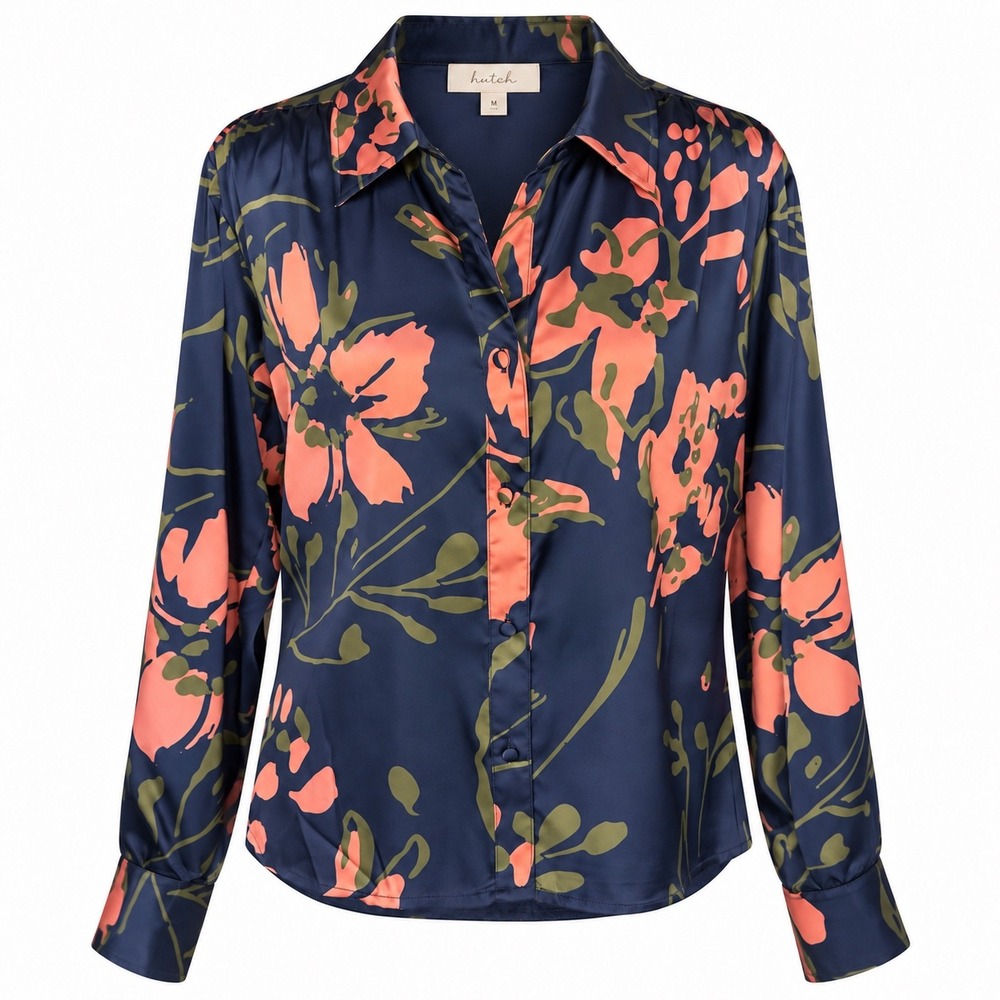 Hutch Blouse M Navy Whimsy Watercolor Floral Satin Resort Dopamine NWT